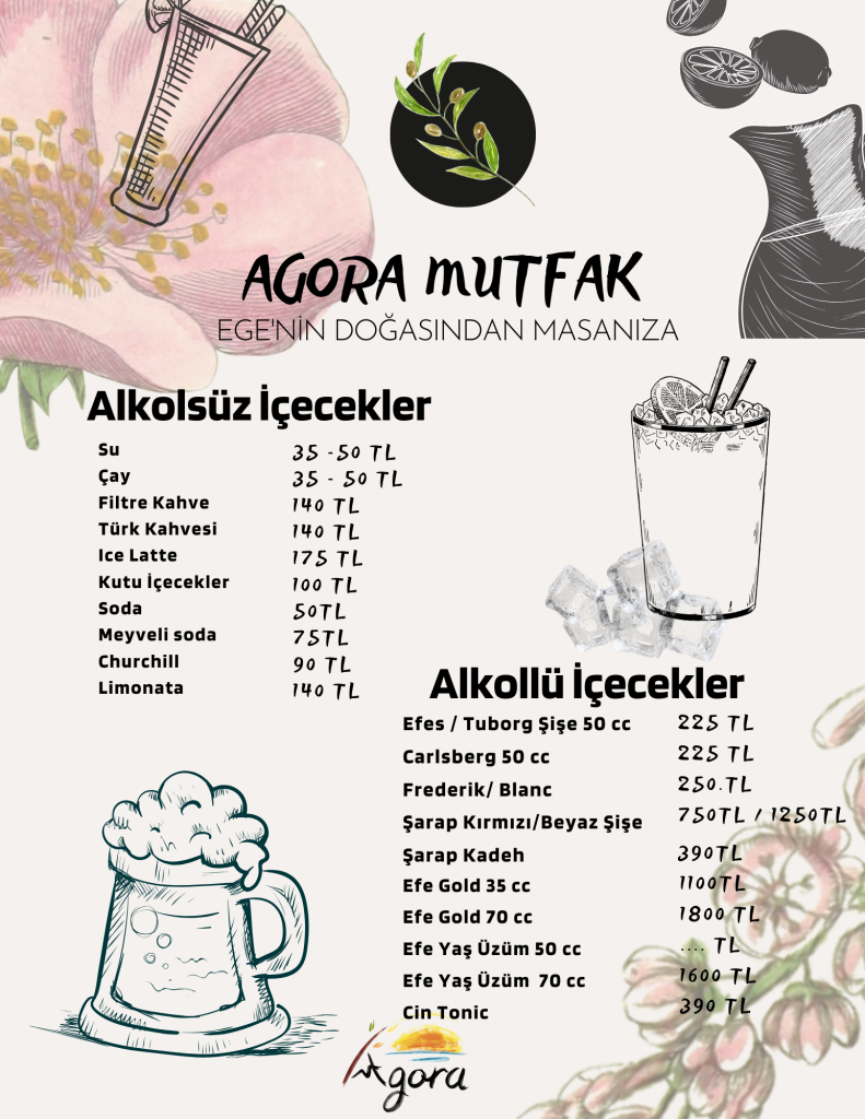 Agora restoran menusu, alkollu icecekler, alkolsuz icecekler, mutfak
