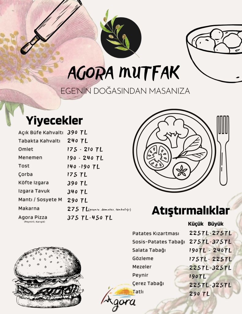 Agora restoran menusu, yiyecekler, kahvalti, makarna, manti, corba, acik bufe kahvalti